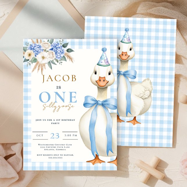 Convites Um Bobo Goose Blue Gingham Boy primeiro aniversari (Criador carregado)