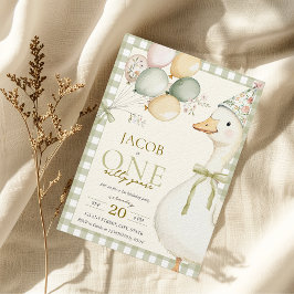 Convites Um Bobo Goose Green Gingham primeiro aniversario