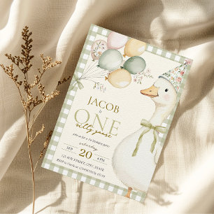 Convites Um Bobo Goose Green Gingham primeiro aniversario