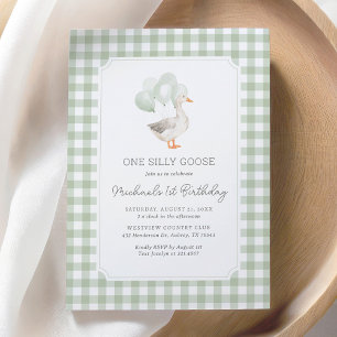 Convites Um Bobo Goose Sage Green Gingham primeiro aniversa