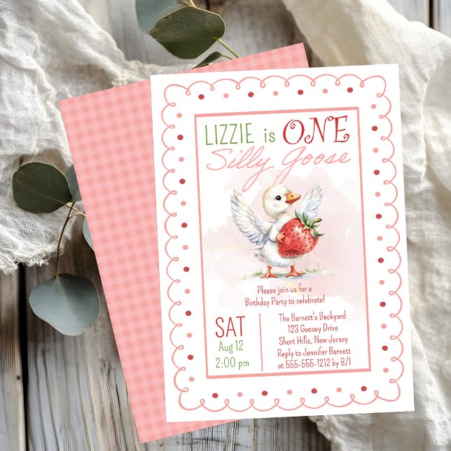 Convites Um Bobo Goose Strawberry Girl primeiro aniversario ("One Silly Goose" Baby Goose (Gosling) and Strawberry Doodle Frame Girl's 1st Birthday Party Invite)