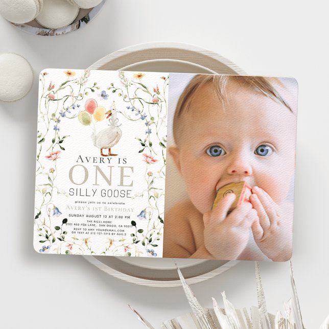 Convites Um Bobo Goose Wildflower Photo primeiro aniversari (Criador carregado)
