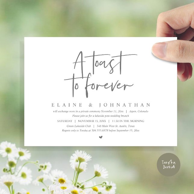 Convites Um brinde a Forever, Festa de Elopement Brunch (A Toast To Forever, Wedding Elopement Brunch Party Invitation Card, PDF, in Dark Grey)
