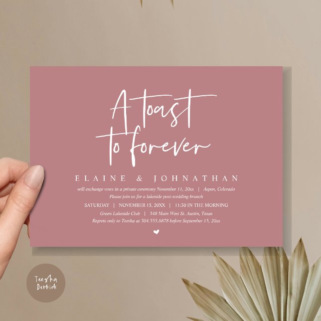 Convites Um brinde a Forever, Festa de Elopement Brunch (A Toast To Forever, Wedding Elopement Brunch Party Invitation Card, PDF, in Dusty Rose Pink)