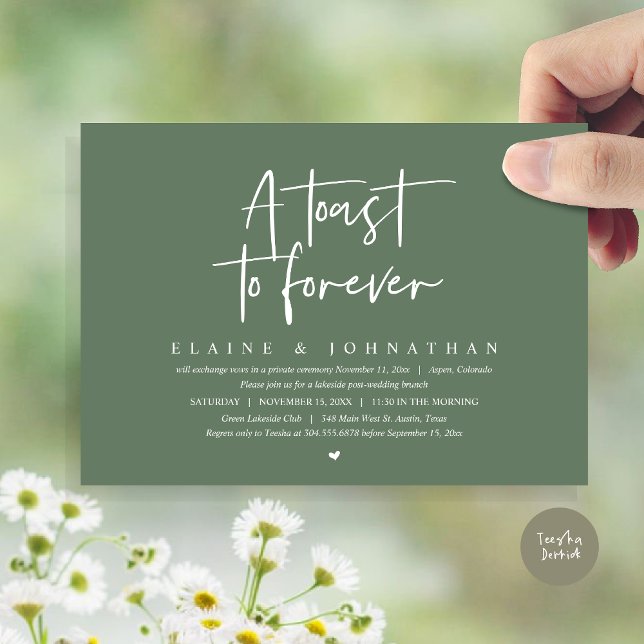Convites Um brinde a Forever, Festa de Elopement Brunch (A Toast To Forever, Wedding Elopement Brunch Party Invitation Card, PDF, in Forest Sage Green)