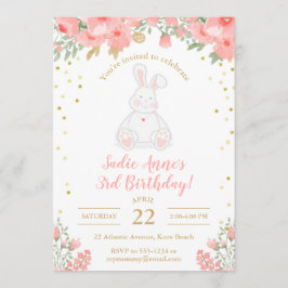 Convites Um Bunny Birthday Watercolor Floral Rosa Dourado