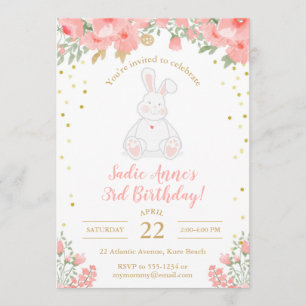 Convites Um Bunny Birthday Watercolor Floral Rosa Dourado