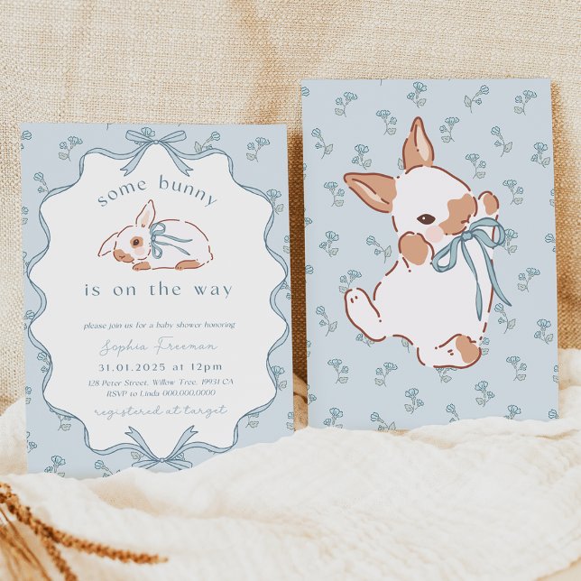 Convites Um Bunny está no Caminho para o Chá de fraldas Con (Boy Bunny Baby Shower Invitation)