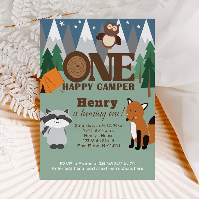 Convites Um Camarão Feliz, Animais primeiro aniversario (ONE Happy Camper 1st Birthday Invitation)