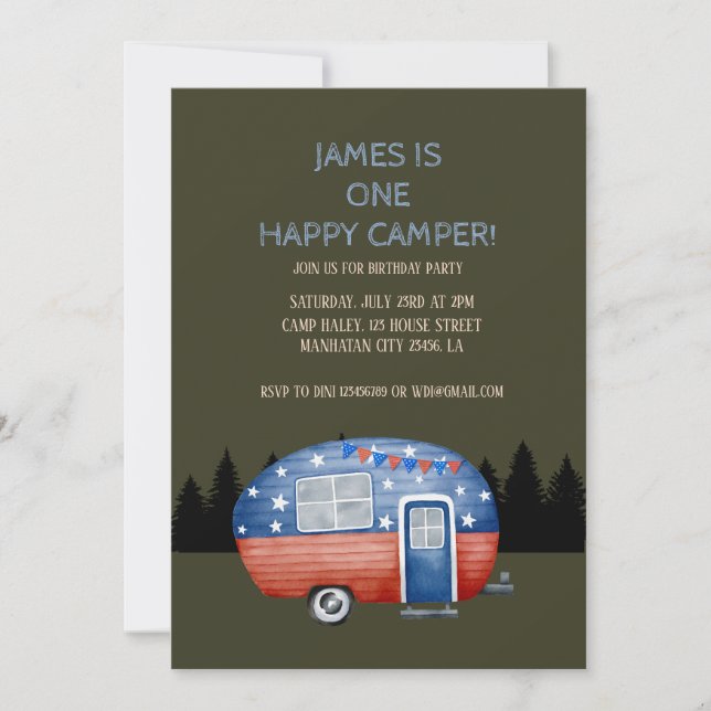 Convites Um Camper Feliz Crianças de Aniversário (Frente)