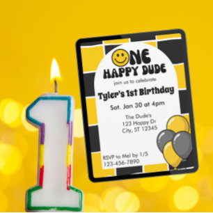 Convites Um Cara Feliz, Preto e Amarelo Aniversário de 1 An