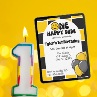 Convites Um Cara Feliz, Preto e Amarelo Aniversário de 1 An