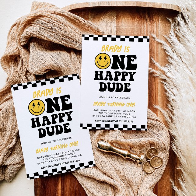 Convites Um Cara Feliz | primeiro aniversario de rosto sorr (Criador carregado)