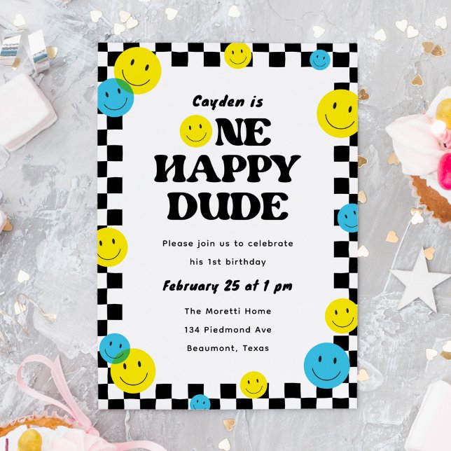 Convites Um cara feliz sorrindo Festa de primeiro aniversar ("One happy dude" 1st birthday party invitation with smiling faces)