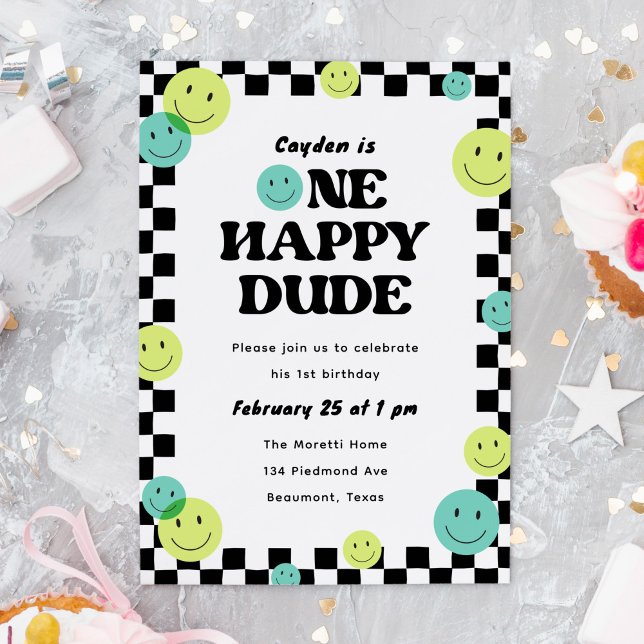 Convites Um cara feliz sorrindo Festa de primeiro aniversar ("One happy dude" 1st birthday party invitation with smiling faces)