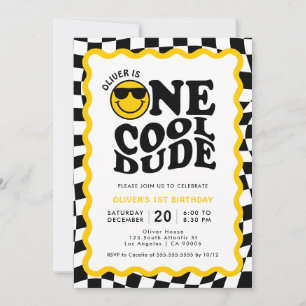 Convites Um Cara Legal   Primeiro aniversario Wavy Happy Fa