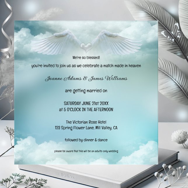 Convites Um casamento feito no Paraíso das Asas Anjos (Cloud nine wedding invitation featuring angel wings on a soft cloud. A match made in heaven)