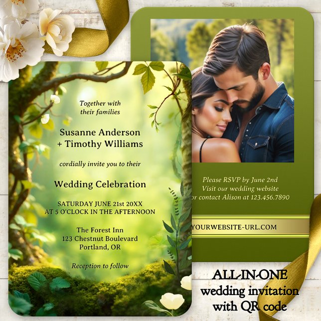 Convites Um Casamento Florestal Elegante Verde Tudo em Uma  (Elegant green and gold all-in-one wedding invitation showing a dreamy forest - with photo + QR code)
