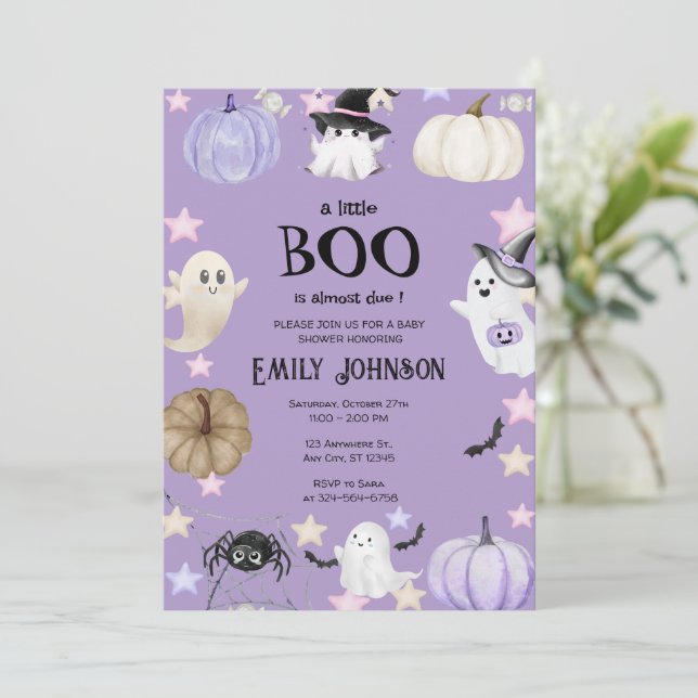 Convites Um Chá de fraldas de Boo Halloween roxo (Em pé/Frente)