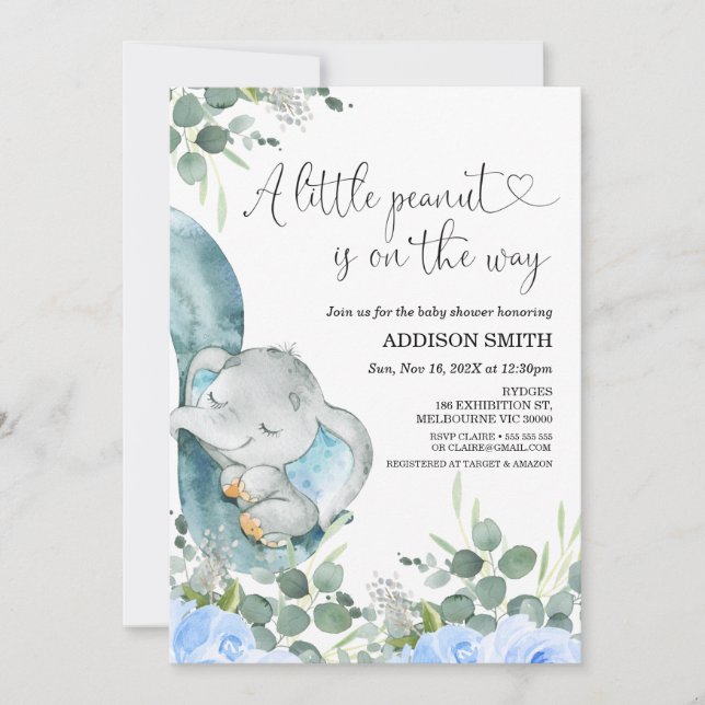 Convites Um Chá de fraldas De Elefante Floral De Amendoim (Frente)