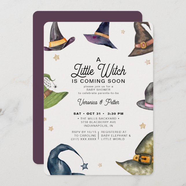 Convites Um Chá de fraldas de Halloween Roxo Para Uma Peque (Frente/Verso)