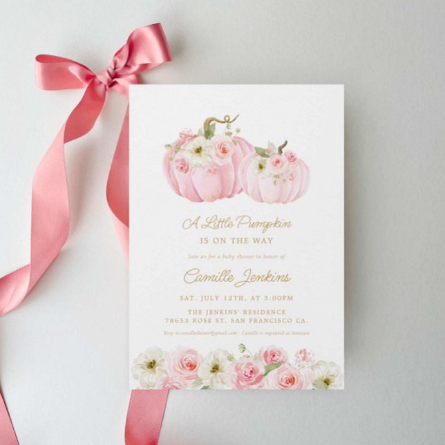 Convites Um Chá de fraldas De Menina Rosa-De-Pumpkin (Elegant A Little Pumpkin on the way baby shower invitation)