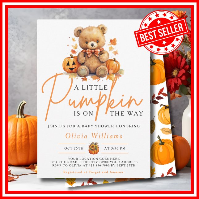 Convites Um Chá de fraldas de Pumpkin Fall Halloween BEAR (A Little Pumpkin Fall Halloween BEAR Baby Shower Invitation)