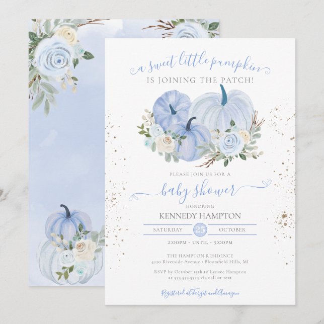 Convites Um Chá de fraldas De Uma Menina Azul De Pumpkin (Frente/Verso)