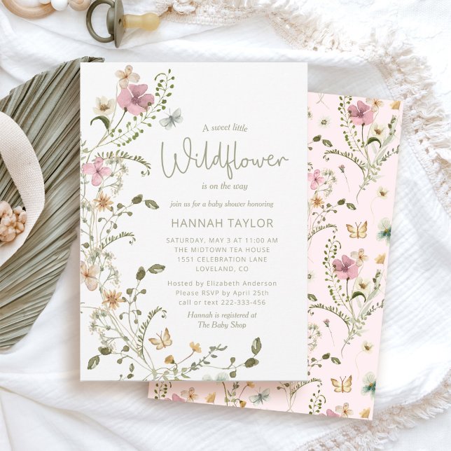 Convites Um Chá de fraldas Rosa Pequena Garota Selvagem (pink girl little wildflower baby shower invitations)
