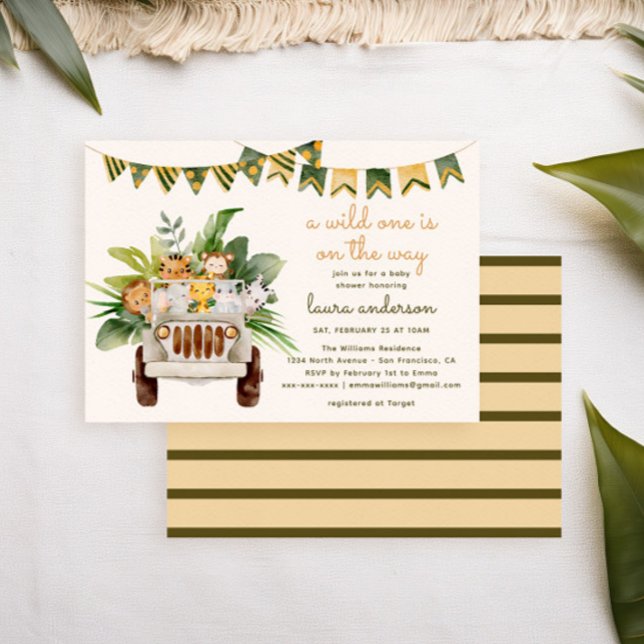 Convites Um Chá de fraldas Safari Selvagem Selvagem (tropical baby shower invitation with watercolor jungle animals in a safari car)