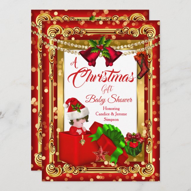 Convites Um Chá de fraldas Vermelho Dourada de presente de  (Frente/Verso)