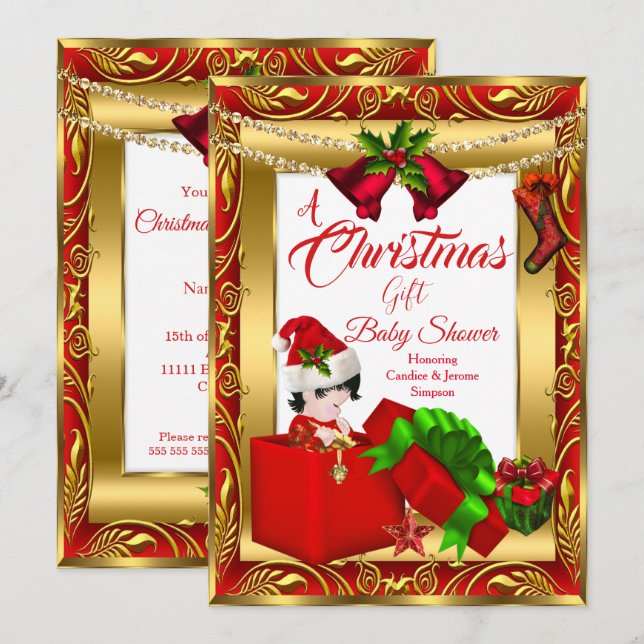 Convites Um Chá de fraldas Vermelho Dourado 2 de presente d (Frente/Verso)