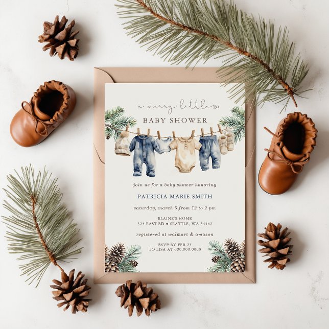 Convites Um Chá de Natal Chá de fraldas Feliz (Rustic Blue Boy Merry Little Christmas Baby Shower Invitations)
