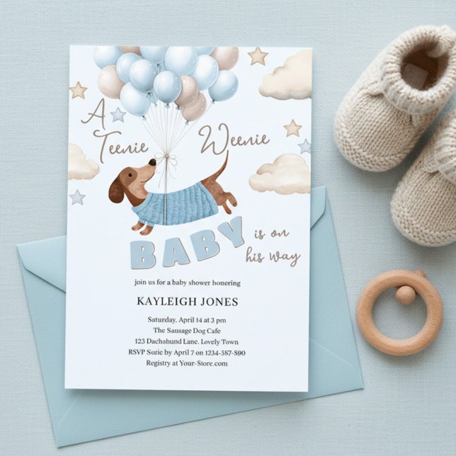 Convites Um Churrasco de Bebê Menino Dachshund Fofo (Teenie Weenie Blue & Beige Baby Shower Invitation with Dachshund Puppy and Balloons )