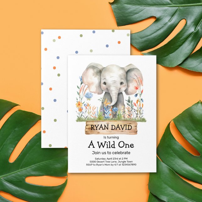 Convites Um Convidado Selvagem (Safari Jungle Watercolor Elephant Orange Blue Flowers Dot Pattern Wild One 1st Birthday Invitation)