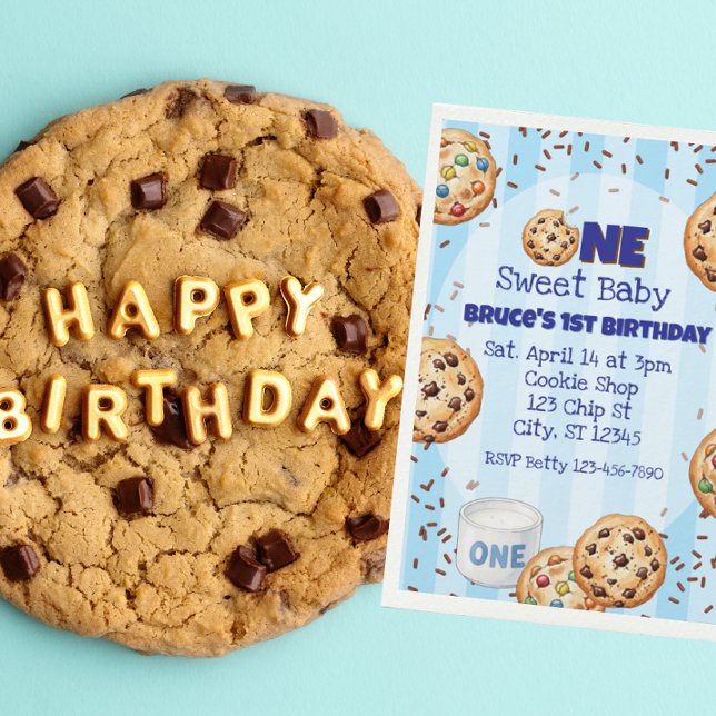 Convites Um Doce Bebê, biscoito azul aniversário de 1 ano (Criador carregado)