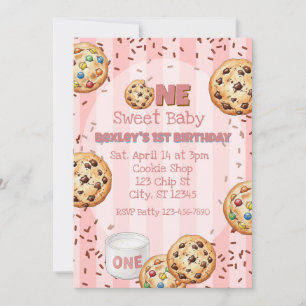 Convites Um Doce Bebê, Pink Cookie aniversário de 1 ano