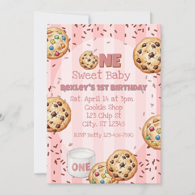Convites Um Doce Bebê, Pink Cookie aniversário de 1 ano (Frente)