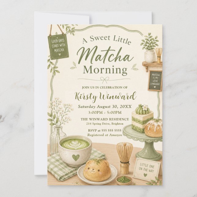 Convites Um Doce Chá de Bebê de Matcha Matinal (Frente)