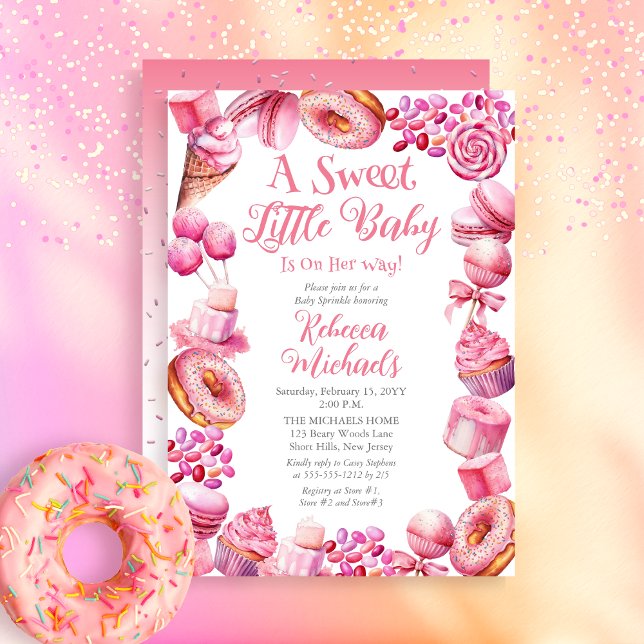 Convites Um doce doce doce, doce, doce, criança, borrifada (A Sweet Little Baby Candy Frame Girl Baby Shower Invitation)