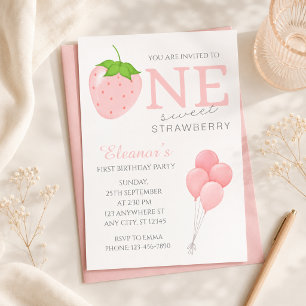 Convites Um Doce Morango Primeiro Aniversário Aquarela