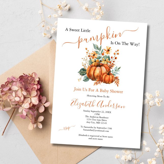 Convites Um Doce Pequeno Chuveiro de Bebê de Abóbora de Out (A Little pumpkin is on the way baby shower invitation Fall Autumn Theme Gender Neutral)