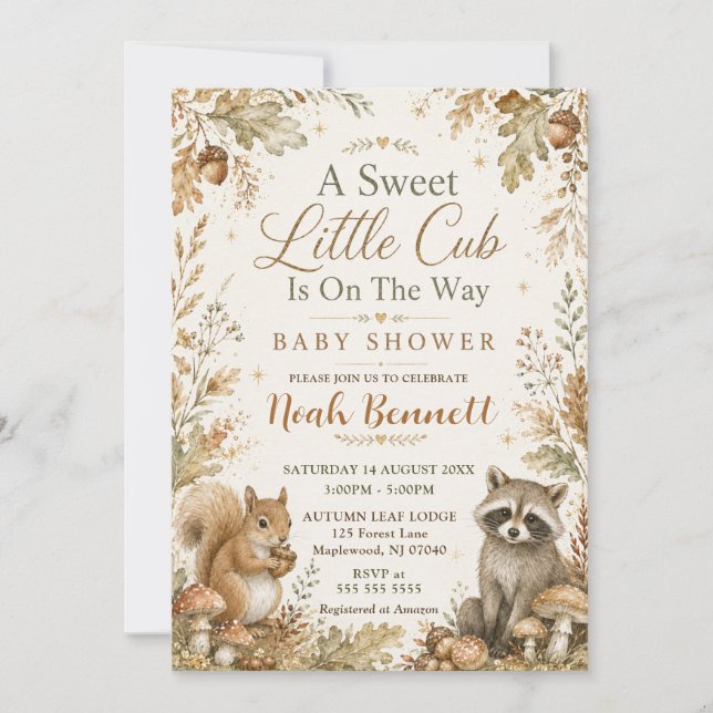 Convites Um Doce Pequeno Chuveiro de Bebê Floresta Cub (Frente)