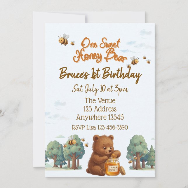 Convites Um Doce Urso de Mel, 1º Aniversário (Frente)