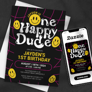 Convites Um Dude Feliz Rosto Sorriso Neon Menino Aniversári