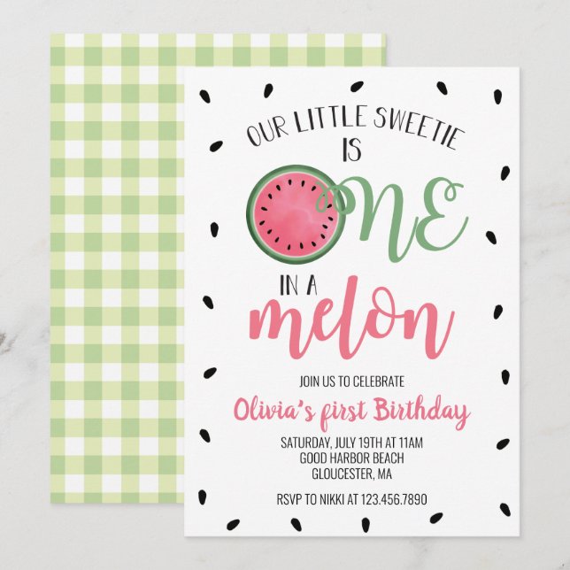 Convites Um em Melon Watermelon Primeiro Aniversário (Frente/Verso)