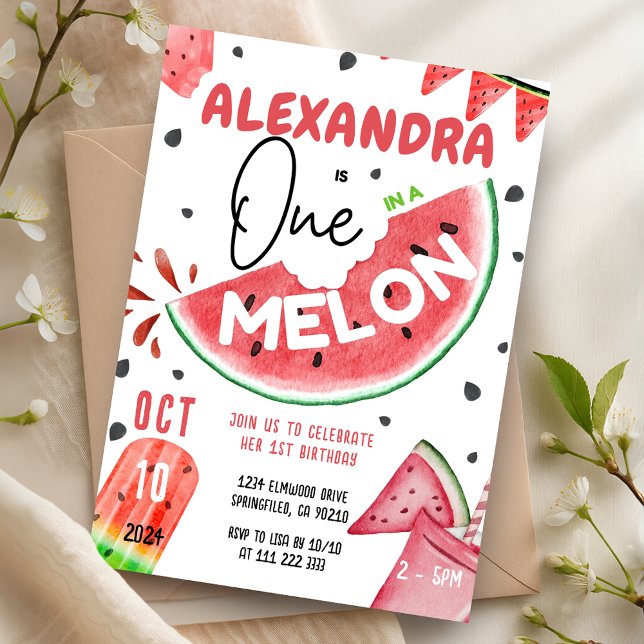 Convites Um em um aniversário da Melon 1rua Watermelon Girl (One in A Melon 1st Watermelon Girl Birthday Invitation)