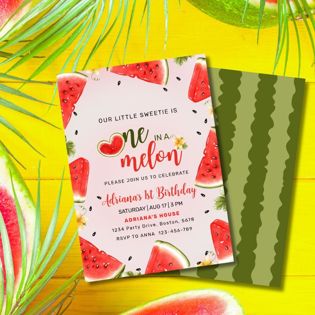Convites Um Em Um Aniversário De Melancia De primeiro anive (One in a Melon  Watermelon Slice Invitation – Cute, Editable & Perfect for Summer Parties!")