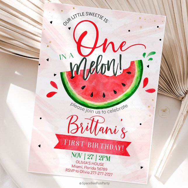 Convites Um em um Melão 1º Aniversário (Celebrate your little sweetheart’s first birthday with this adorable “One in a Melon” watermelon-the)