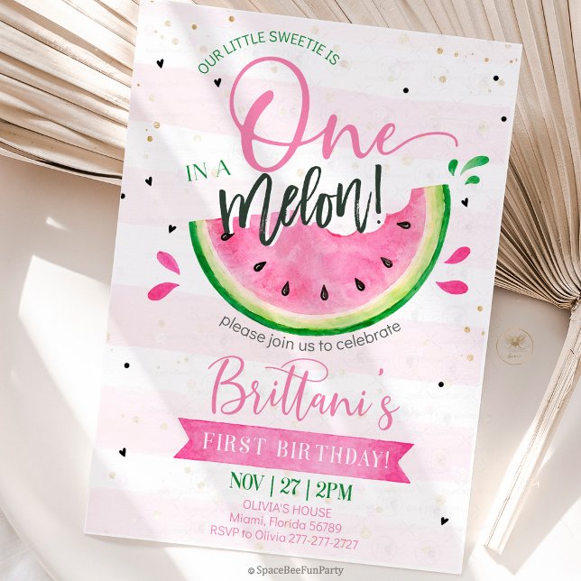 Convites Um em um Melão 1º Aniversário (watermelon birthday invitation, one in a melon, first birthday invitation, summer birthday party, wa)